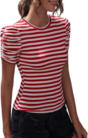 LilyCoco Womens Striped Puff Sleeve T Shirt Breton Crewneck Shirt Loose Fit Tee