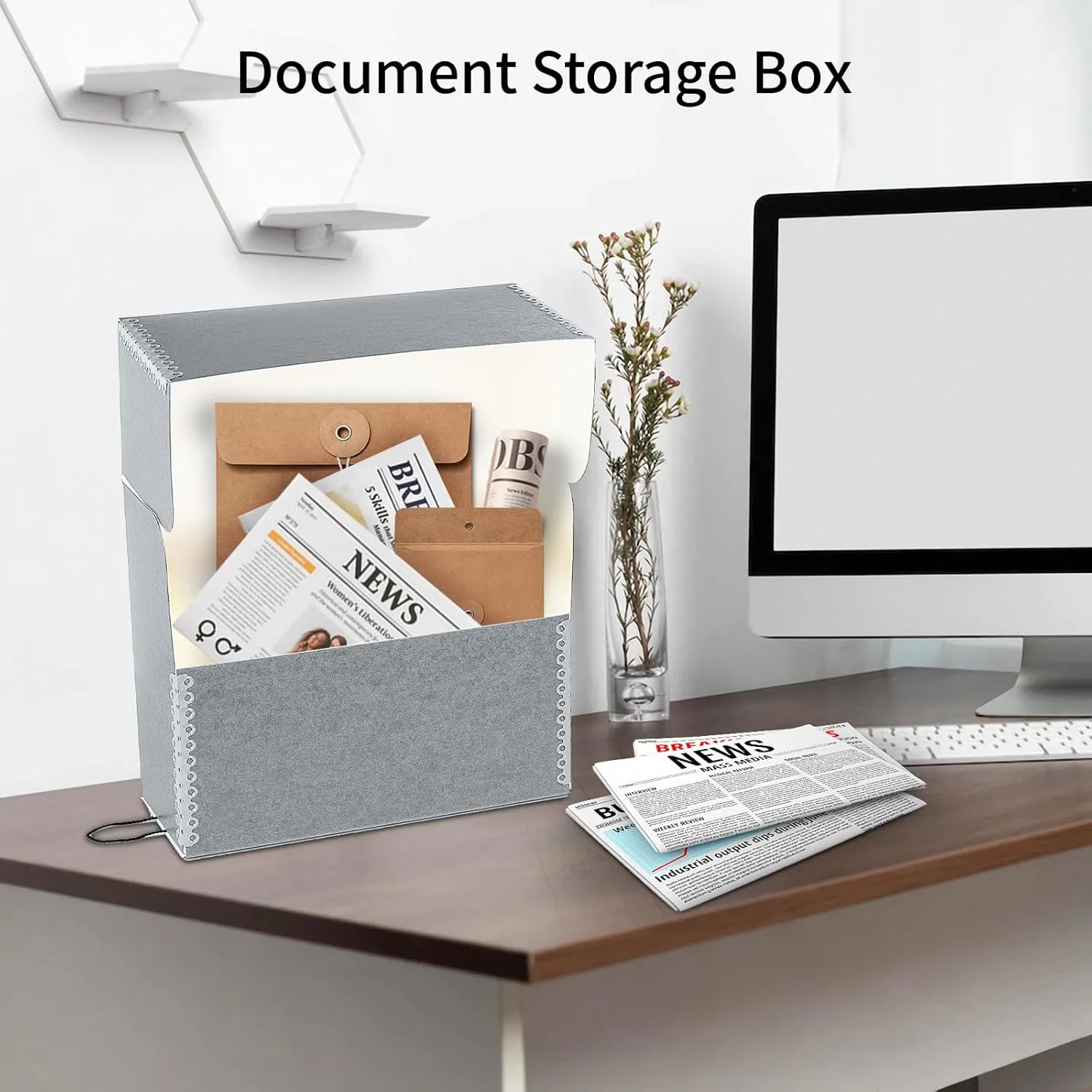 Lineco, Archival Document Storage Box with Metal Edge, Acid-Free Gray Boxboard, Organize Prints, Photos, Letter-Sized Case 12.5" x 10.5" x 5" Wide with 12 Files Folders, Pack of 2