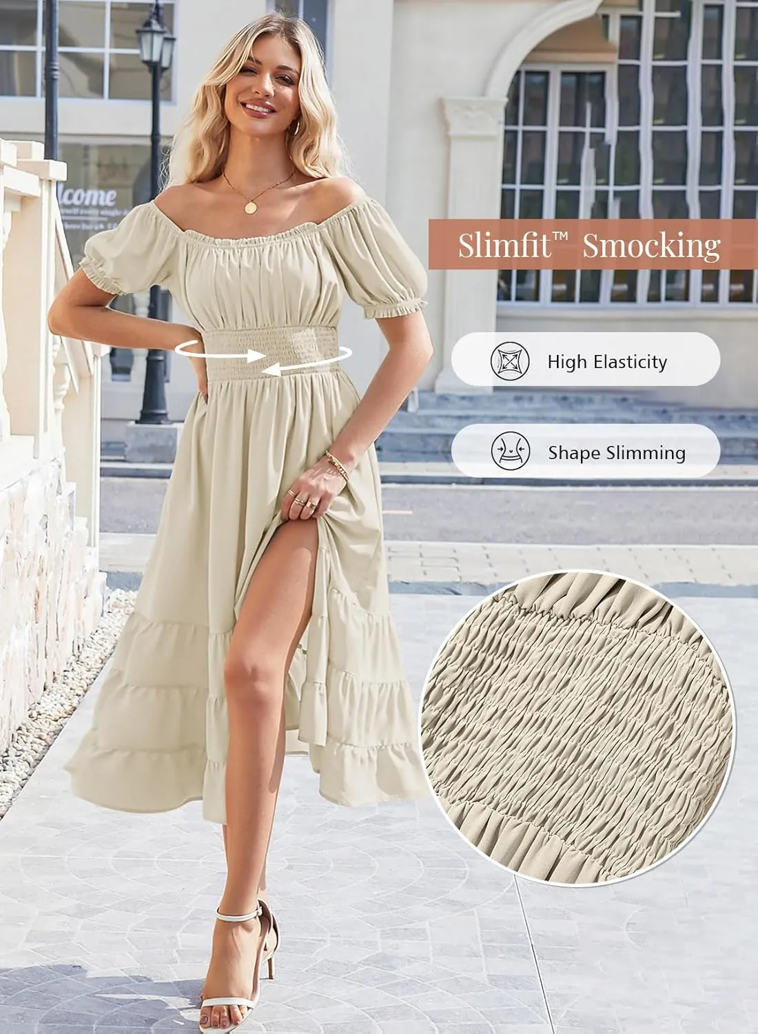 Linsery Women's Summer Square Neck Short Puff Sleeve Casual Smocked Flowy A Line Tiered Split Midi Dress