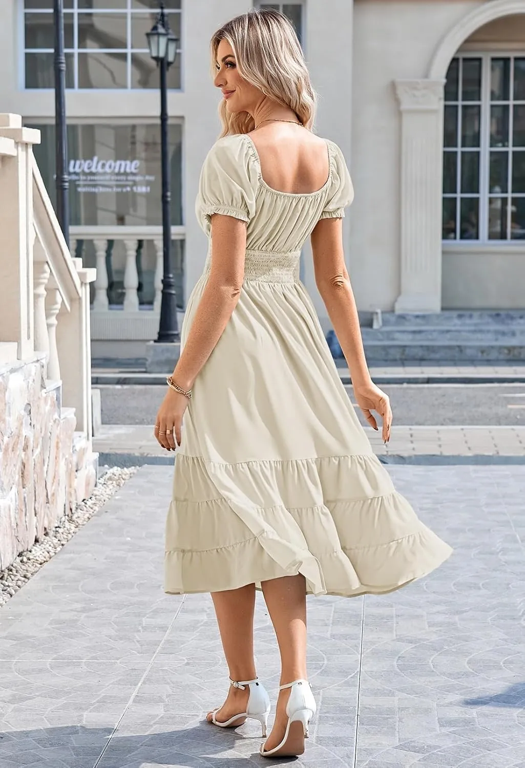 Linsery Women's Summer Square Neck Short Puff Sleeve Casual Smocked Flowy A Line Tiered Split Midi Dress