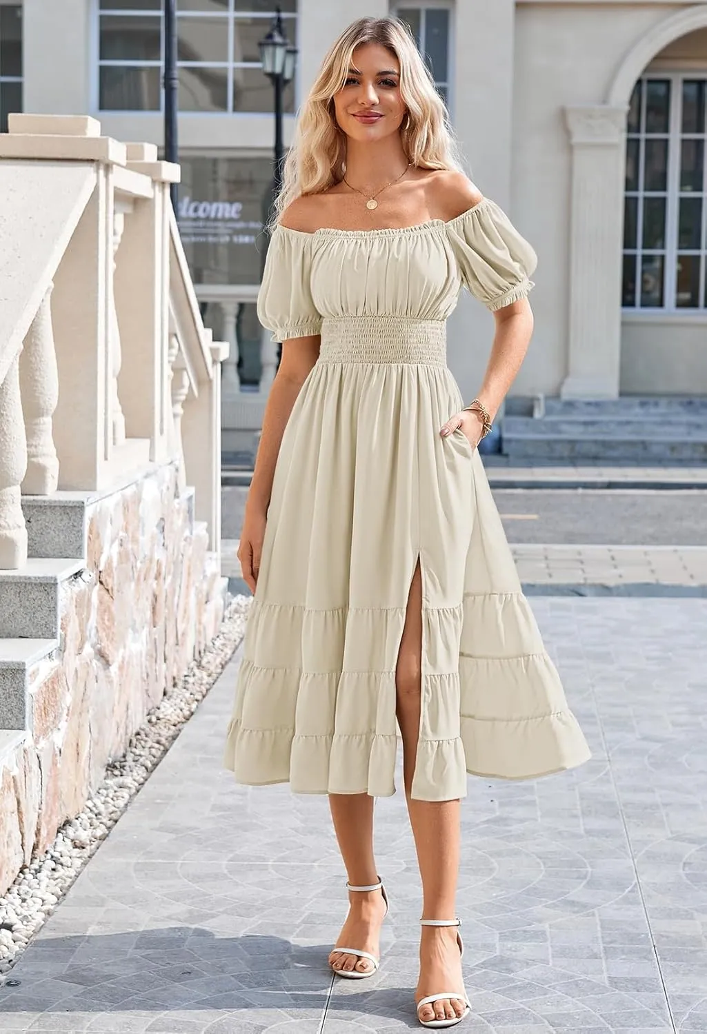 Linsery Women's Summer Square Neck Short Puff Sleeve Casual Smocked Flowy A Line Tiered Split Midi Dress