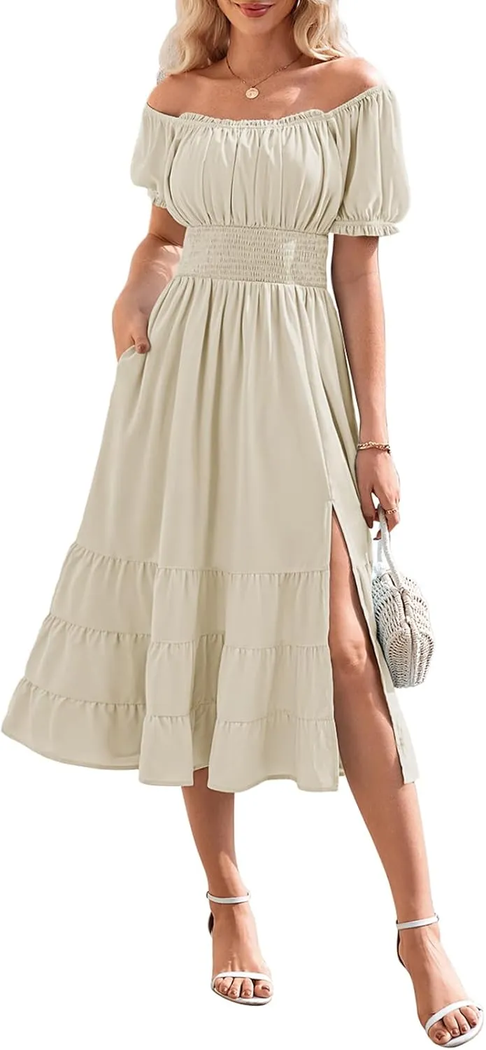 Linsery Women's Summer Square Neck Short Puff Sleeve Casual Smocked Flowy A Line Tiered Split Midi Dress