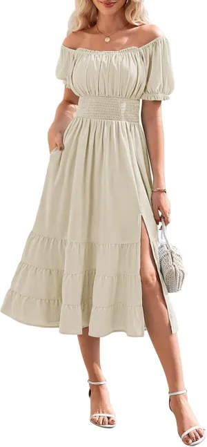 Linsery Women's Summer Square Neck Short Puff Sleeve Casual Smocked Flowy A Line Tiered Split Midi Dress