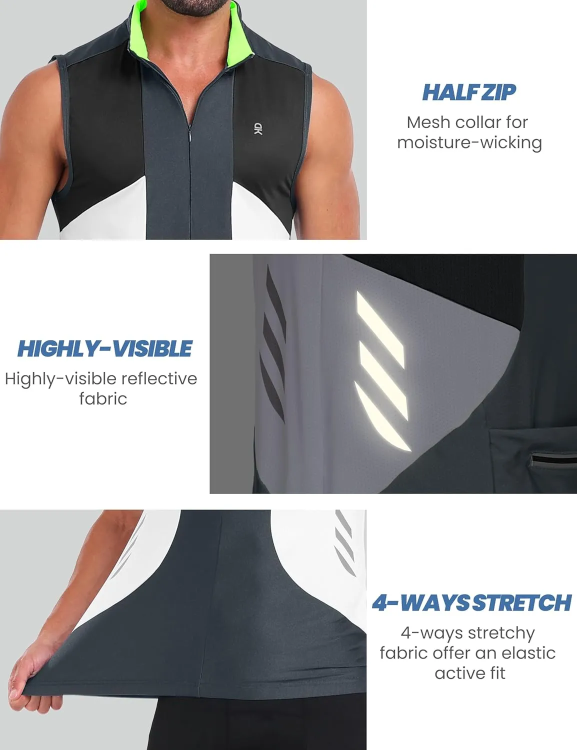 Little Donkey Andy Men's Half Zip Breathable Cycling Vests Reflective Sleeveless Jerseys Lightweight Bicycle Running