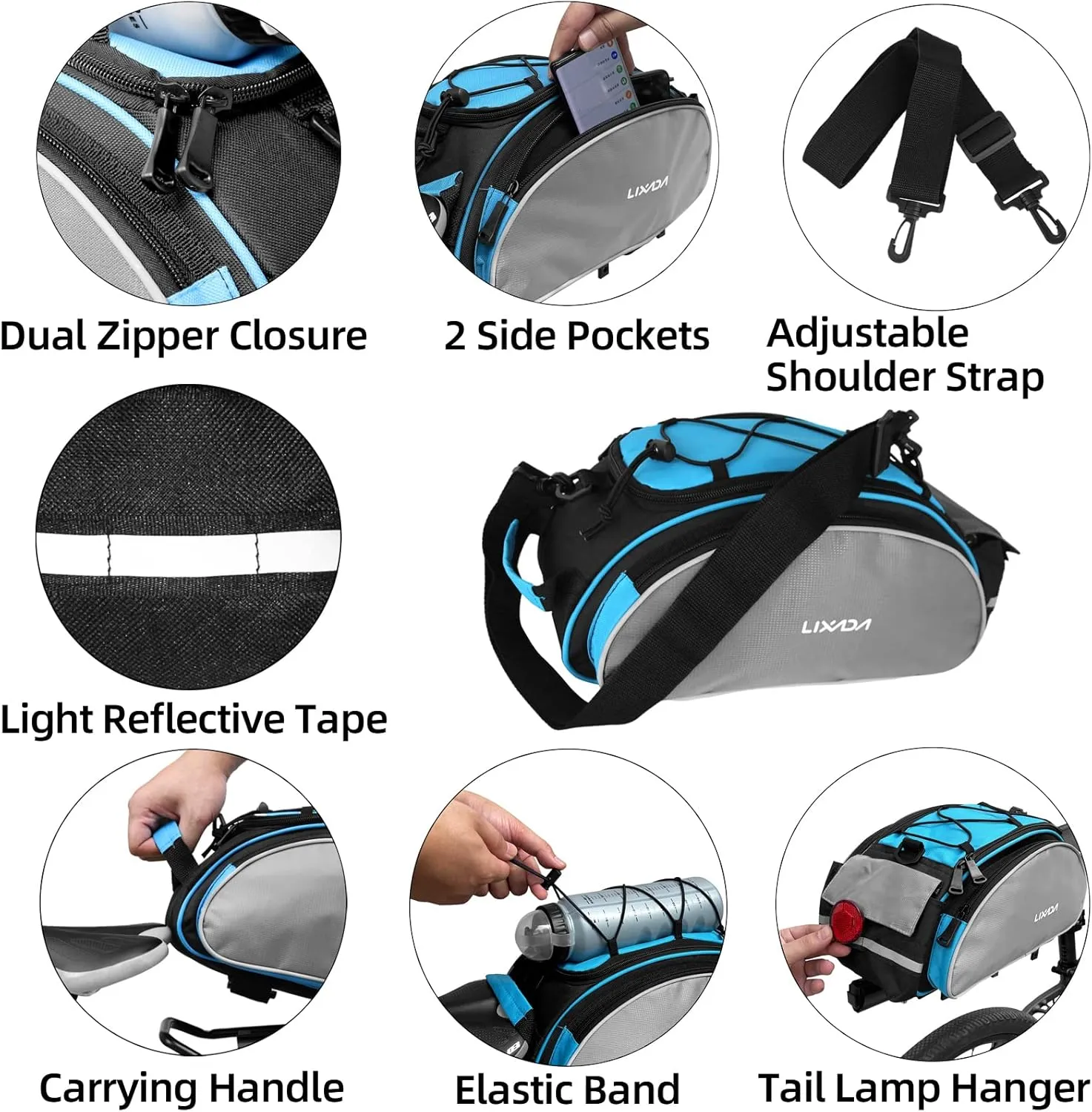 Lixada Bicycle Back Pannier Bag Bicycle Back Seat Bag Saddle Bag Shoulder Bag for Mountain Bike Cycling Outdoor
