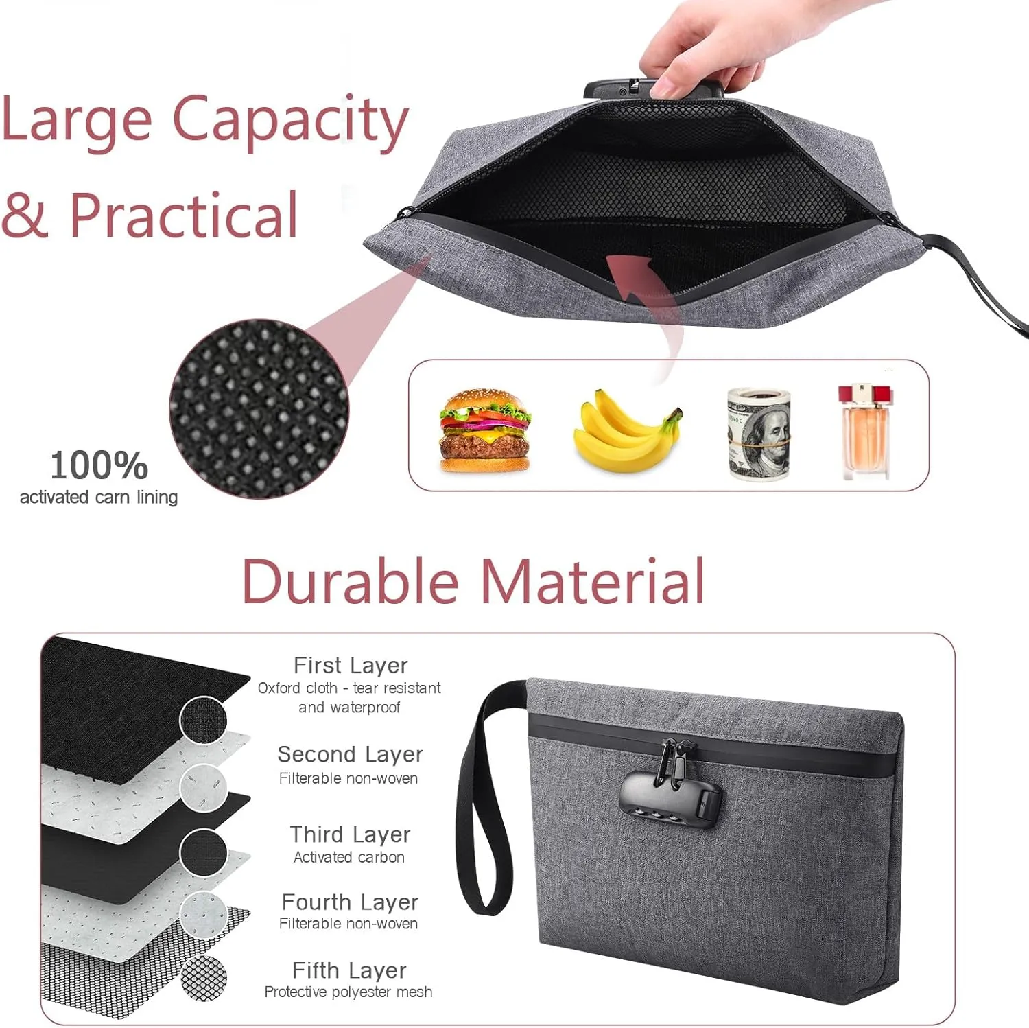 LOFICOPER Money Bag with Lock, Lockable Cash Bag, Waterproof Bank Bags with Zipper and Lock, for Cash, Phone, Keys, Credit Cards, Gray