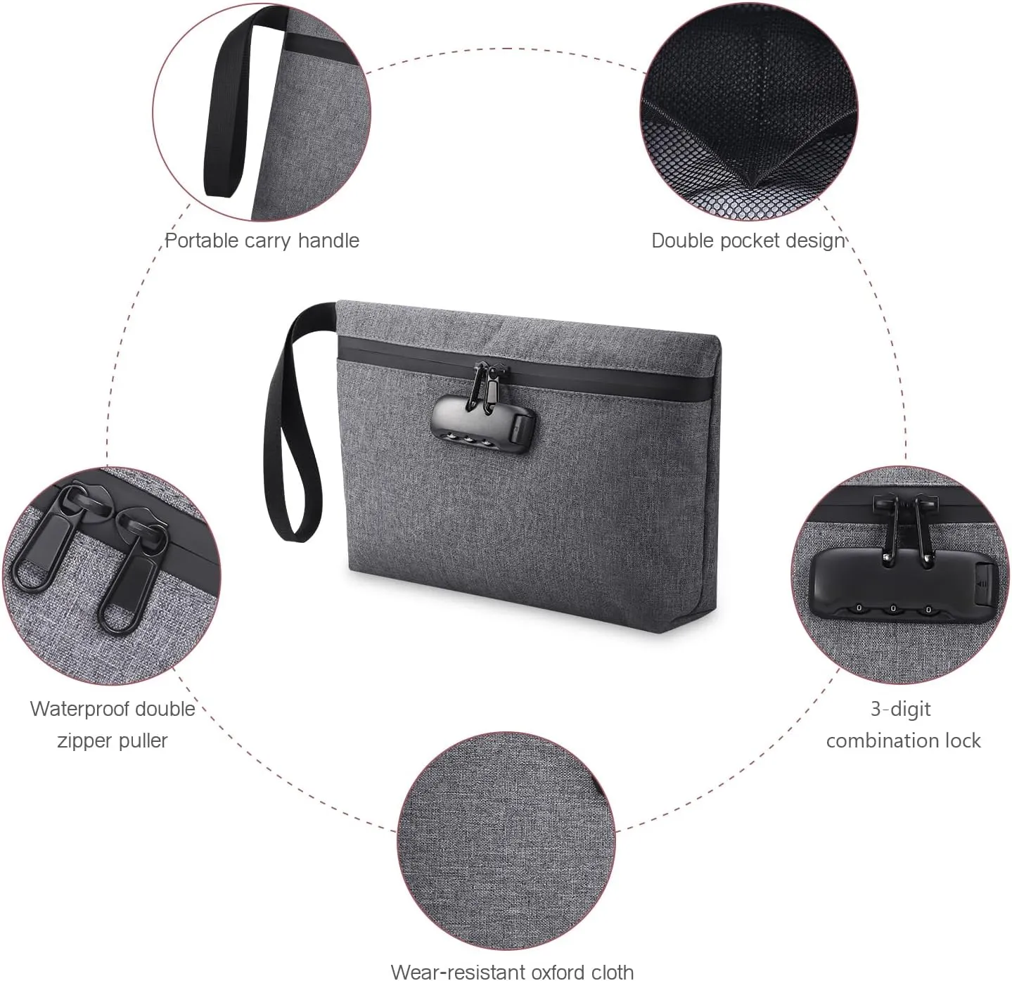 LOFICOPER Money Bag with Lock, Lockable Cash Bag, Waterproof Bank Bags with Zipper and Lock, for Cash, Phone, Keys, Credit Cards, Gray