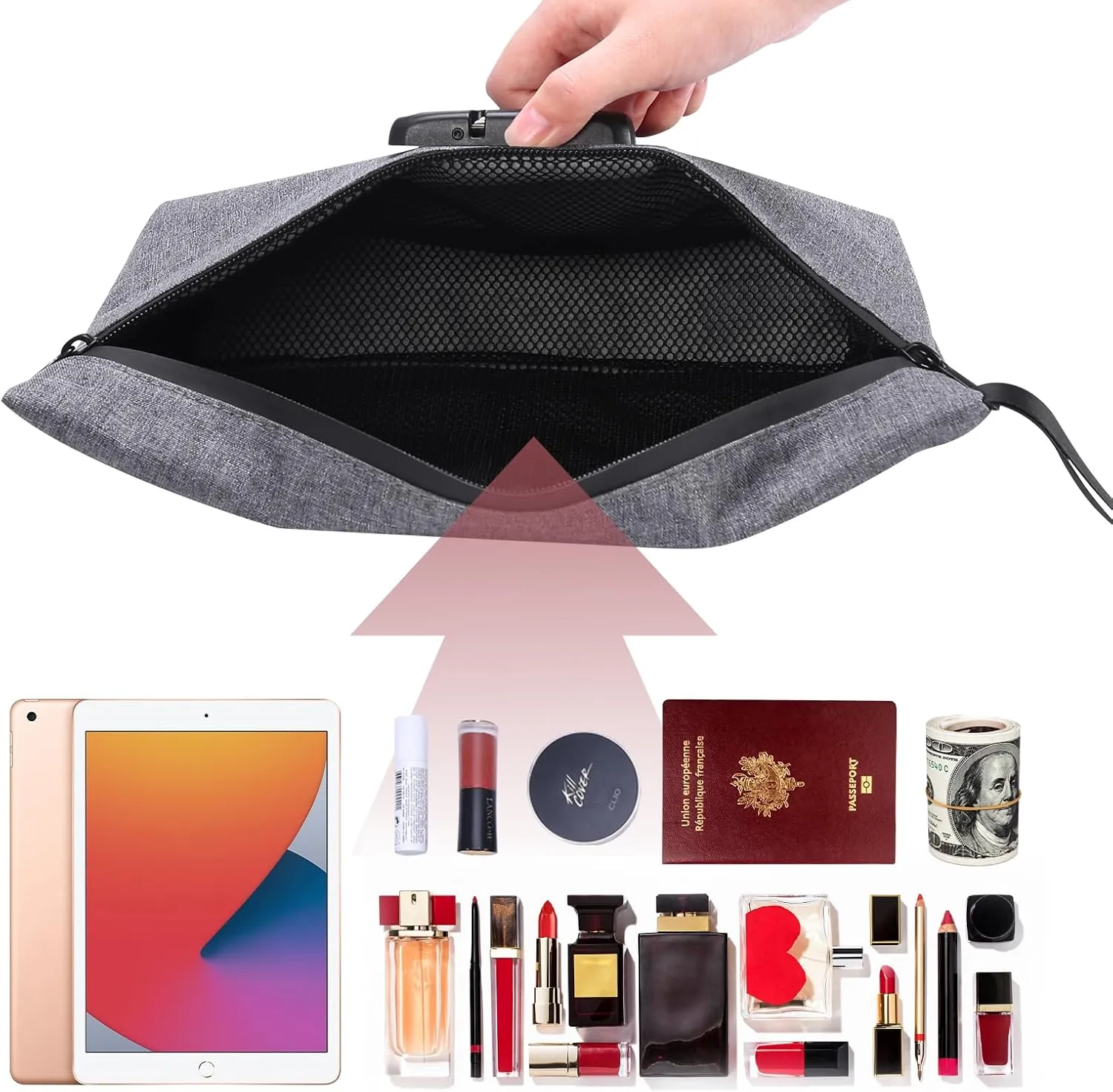 LOFICOPER Money Bag with Lock, Lockable Cash Bag, Waterproof Bank Bags with Zipper and Lock, for Cash, Phone, Keys, Credit Cards, Gray