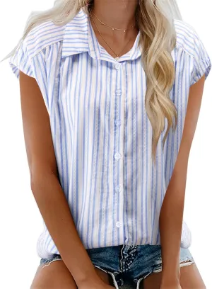 LOMON Womens Button Down Shirts Short Cap Sleeve Summer Cotton V Neck Collared Stripes Blouses Casual Plaid Tops