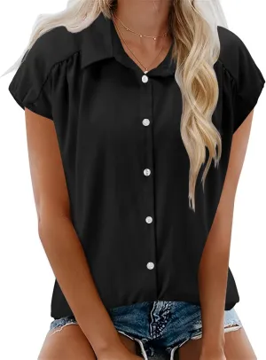 LOMON Womens Button Down Shirts Short Cap Sleeve Summer Cotton V Neck Collared Stripes Blouses Casual Plaid Tops