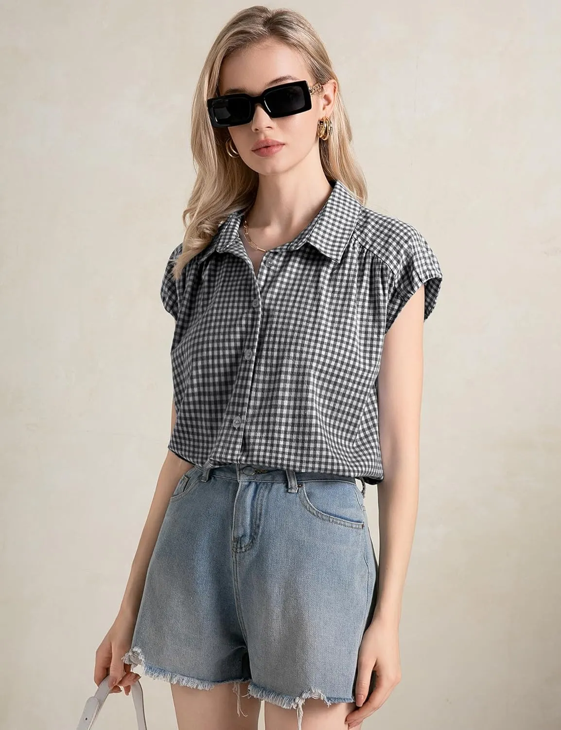 LOMON Womens Button Down Shirts Short Cap Sleeve Summer Cotton V Neck Collared Stripes Blouses Casual Plaid Tops