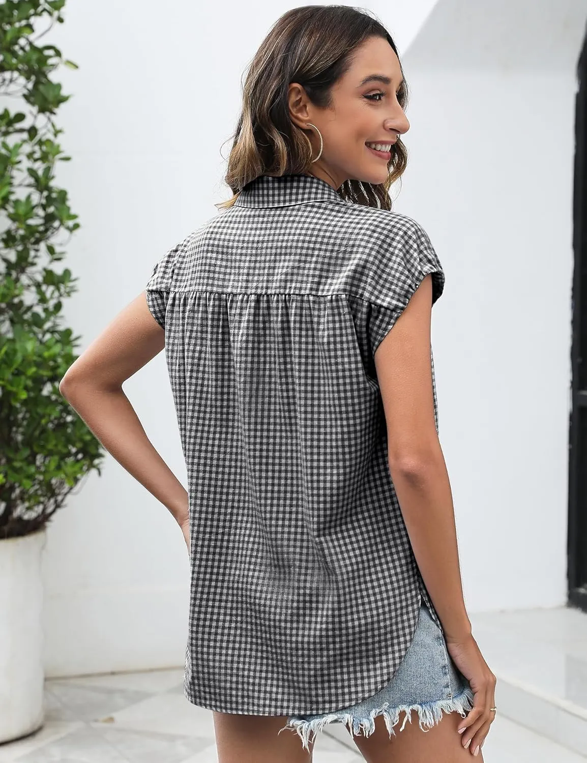 LOMON Womens Button Down Shirts Short Cap Sleeve Summer Cotton V Neck Collared Stripes Blouses Casual Plaid Tops