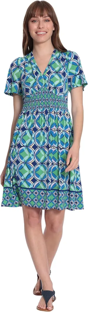 London Times Women's V-Neck Smocked Waist Flutter Sleeve Dress