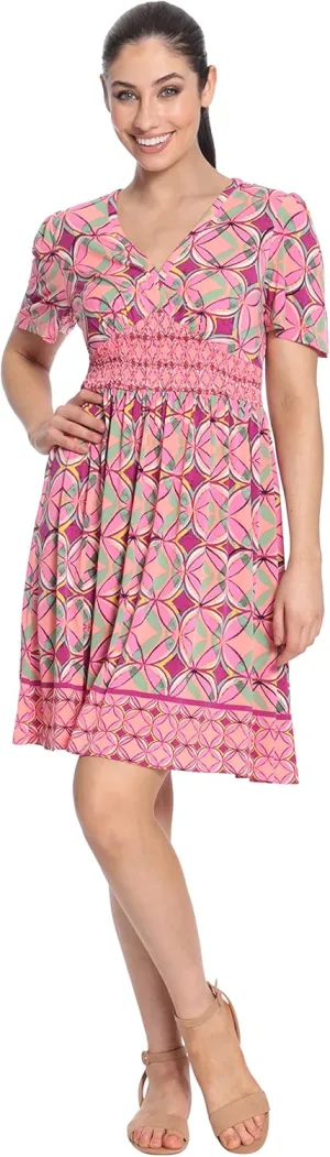 London Times Women's V-Neck Smocked Waist Flutter Sleeve Dress