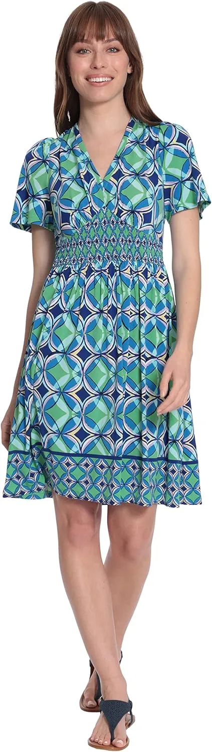 London Times Women's V-Neck Smocked Waist Flutter Sleeve Dress