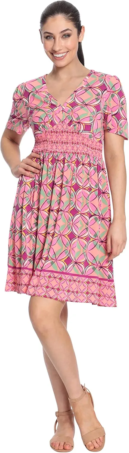 London Times Women's V-Neck Smocked Waist Flutter Sleeve Dress