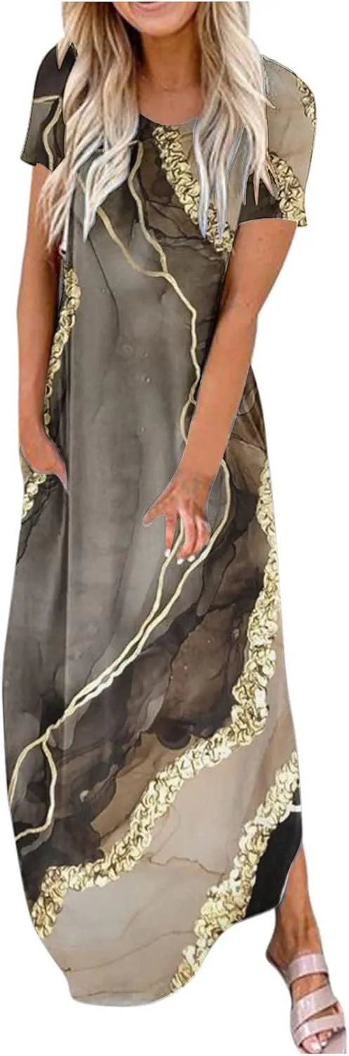 Long Dresses for Women Casual Crew Neck Short Sleeve Midi Sundresses Ladies Fashion Summer Dress with Pockets