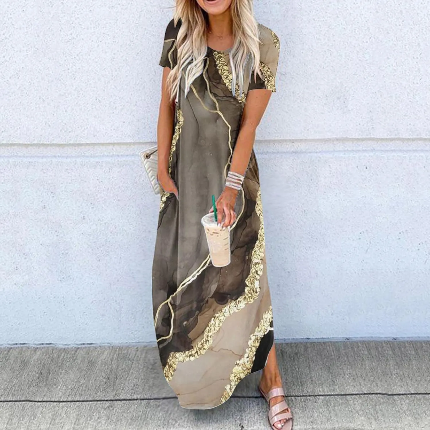 Long Dresses for Women Casual Crew Neck Short Sleeve Midi Sundresses Ladies Fashion Summer Dress with Pockets