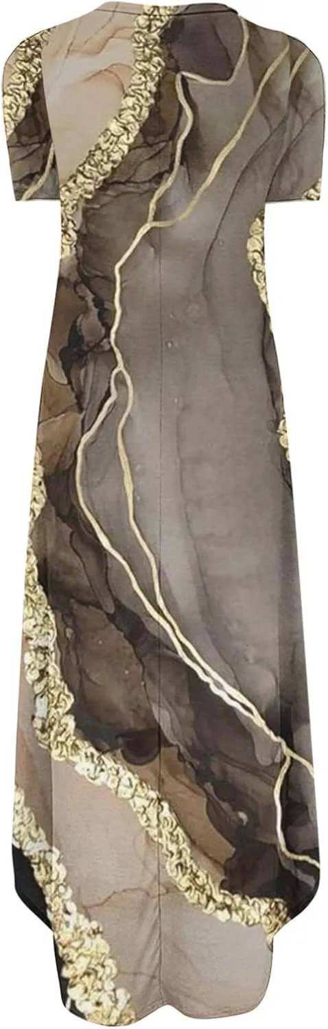 Long Dresses for Women Casual Crew Neck Short Sleeve Midi Sundresses Ladies Fashion Summer Dress with Pockets