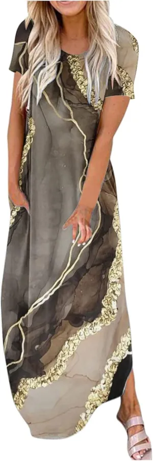 Long Dresses for Women Casual Crew Neck Short Sleeve Midi Sundresses Ladies Fashion Summer Dress with Pockets