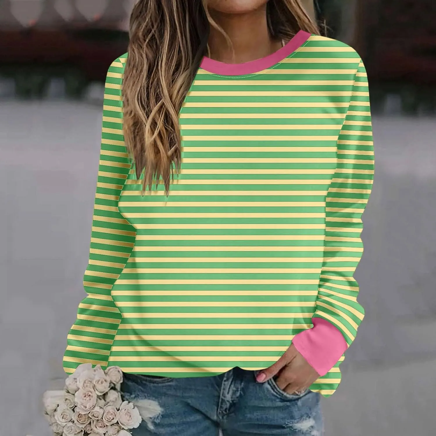 Long Sleeve T Shirts for Women Crewneck Causal Striped Blouse Tops Fall Fashion Vacation Pullover Ladies Clothes 2024