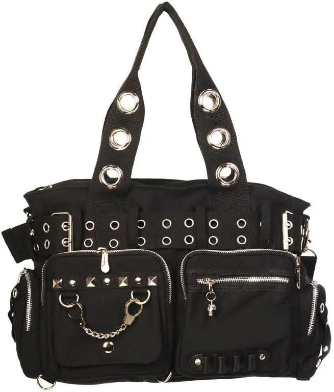 Lost Queen Striped Punk Rock Steampunk Purse with Handcuff Skull Charm