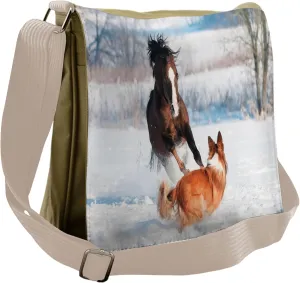 Lunarable Horse Messenger Bag, Welsh Pony and Border Collie, Unisex Cross-body