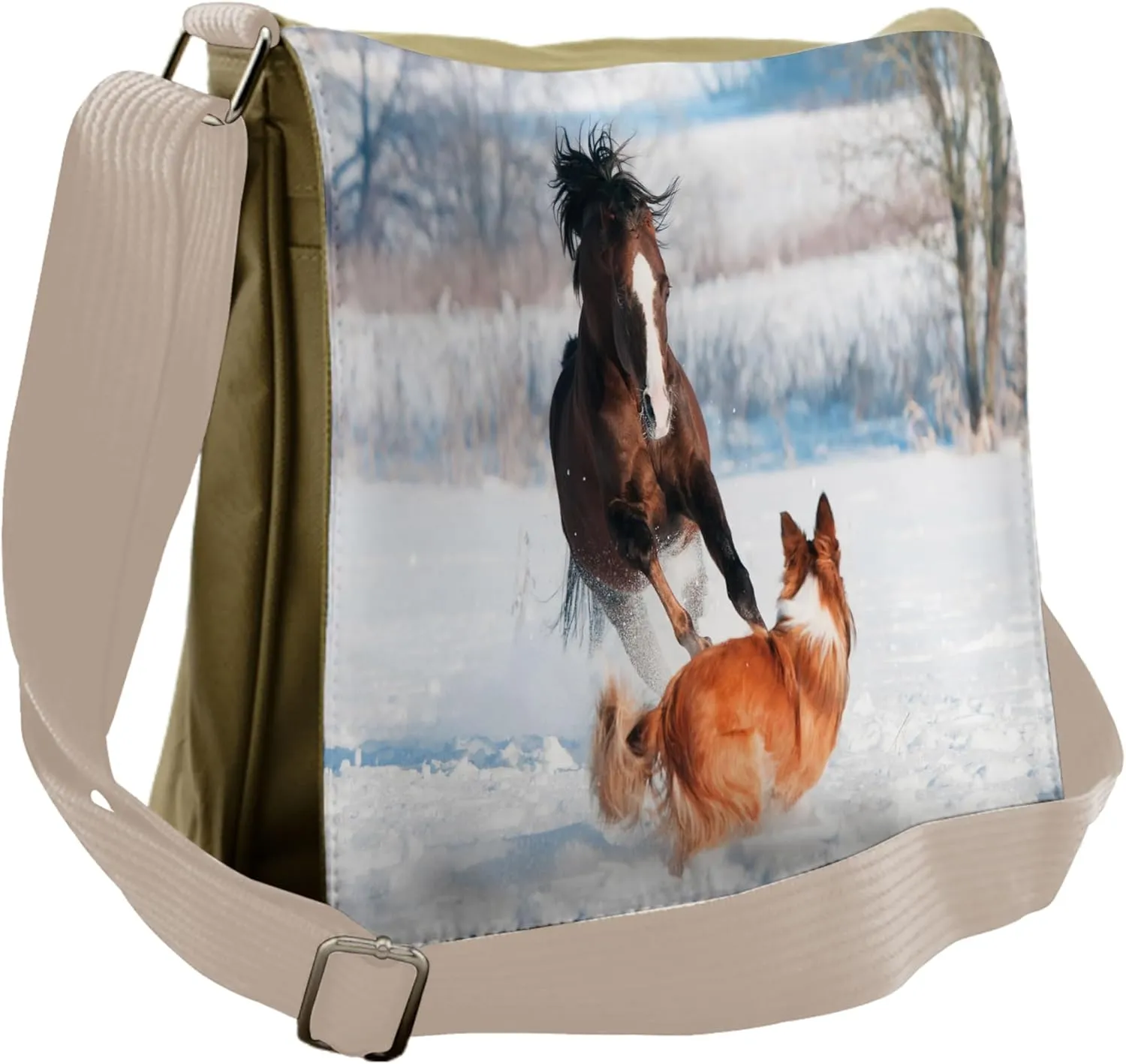 Lunarable Horse Messenger Bag, Welsh Pony and Border Collie, Unisex Cross-body