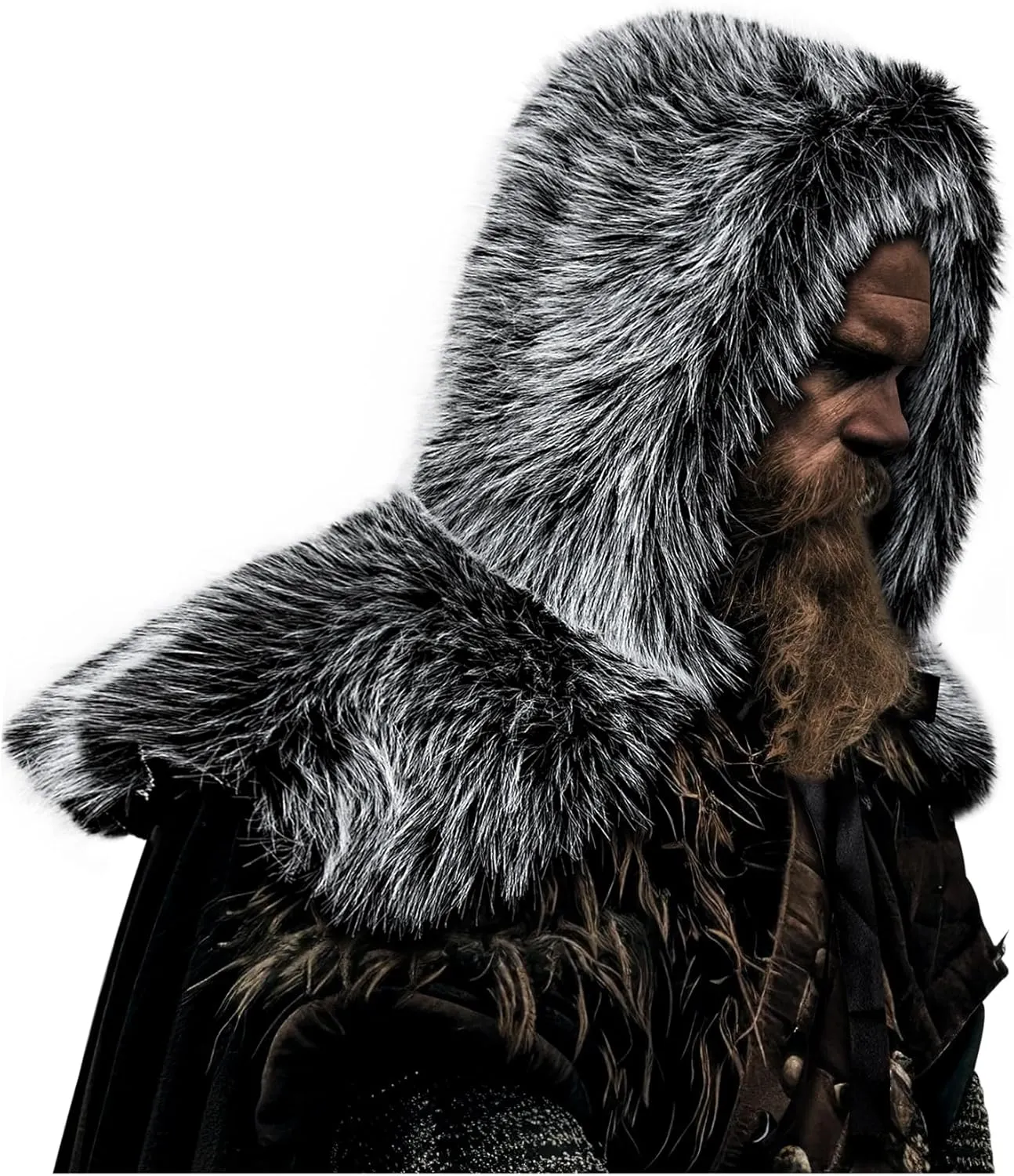 L'VOW Viking Men Warrior Faux Fur Hooded Hat Nordic Fur Hat Collar Wrap Cover Up Hunter Costume Accessory