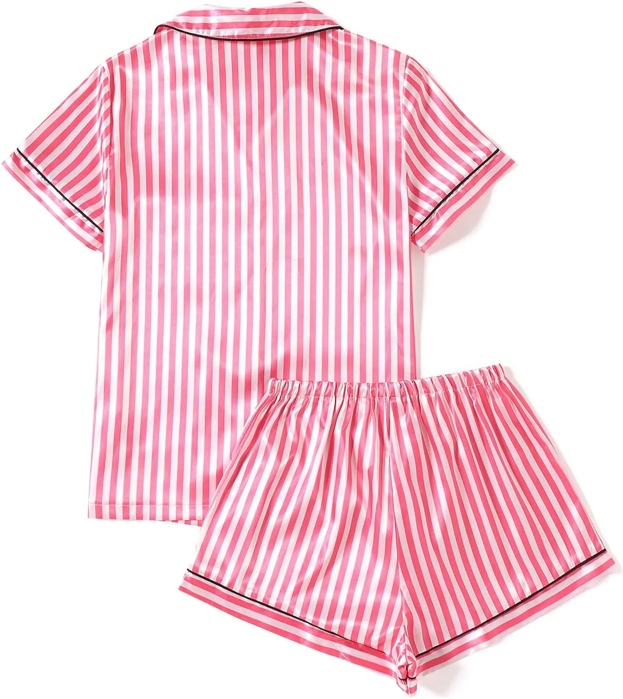 LYANER Women's Striped Silky Satin Pajamas Short Sleeve Top with Shorts Sleepwear PJ Set