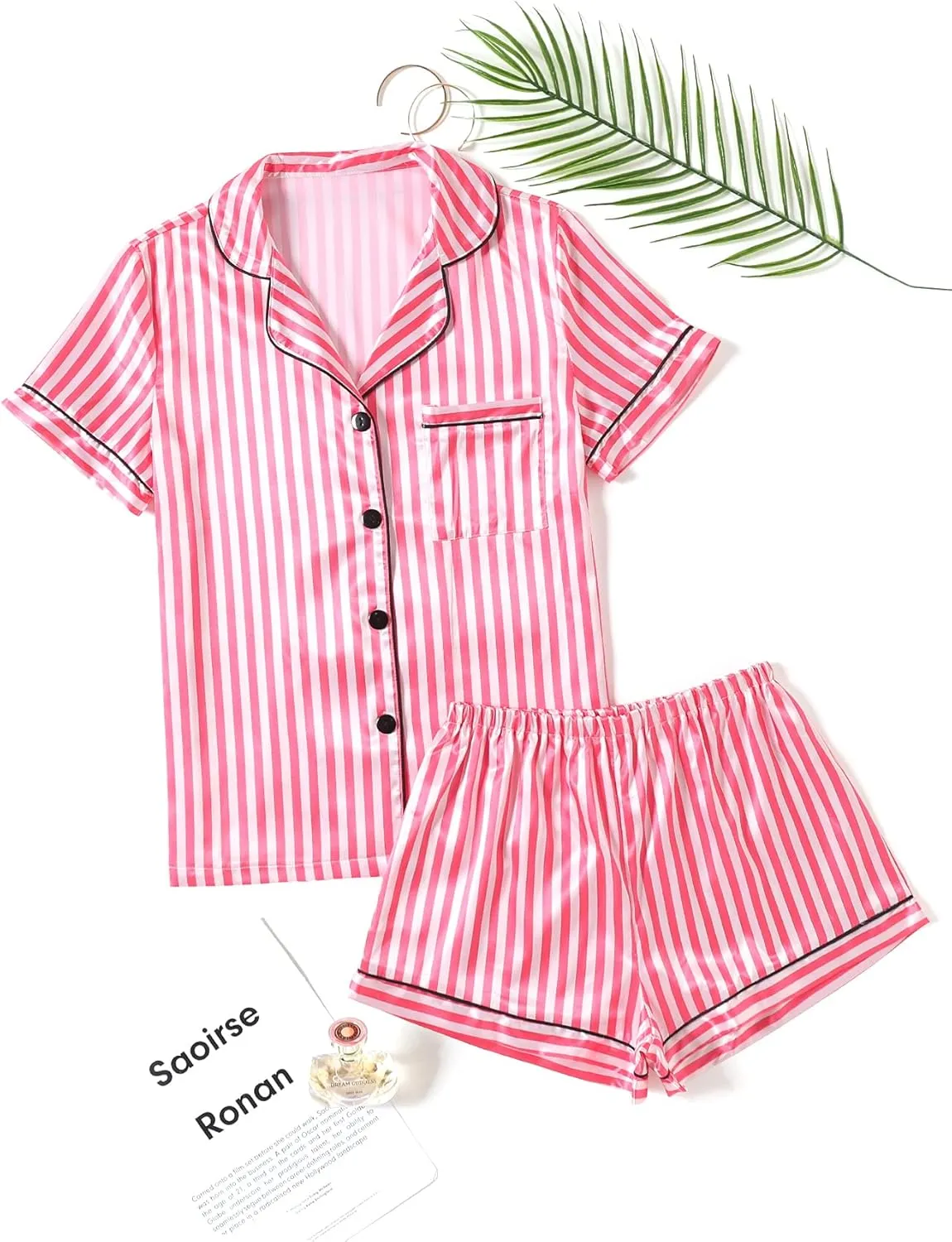 LYANER Women's Striped Silky Satin Pajamas Short Sleeve Top with Shorts Sleepwear PJ Set