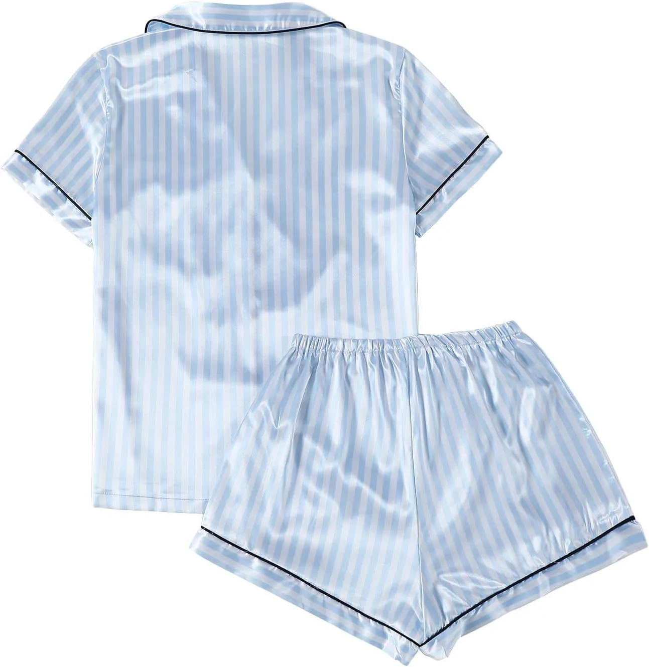 LYANER Women's Striped Silky Satin Pajamas Short Sleeve Top with Shorts Sleepwear PJ Set