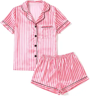 LYANER Women's Striped Silky Satin Pajamas Short Sleeve Top with Shorts Sleepwear PJ Set