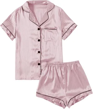 LYANER Women's Striped Silky Satin Pajamas Short Sleeve Top with Shorts Sleepwear PJ Set