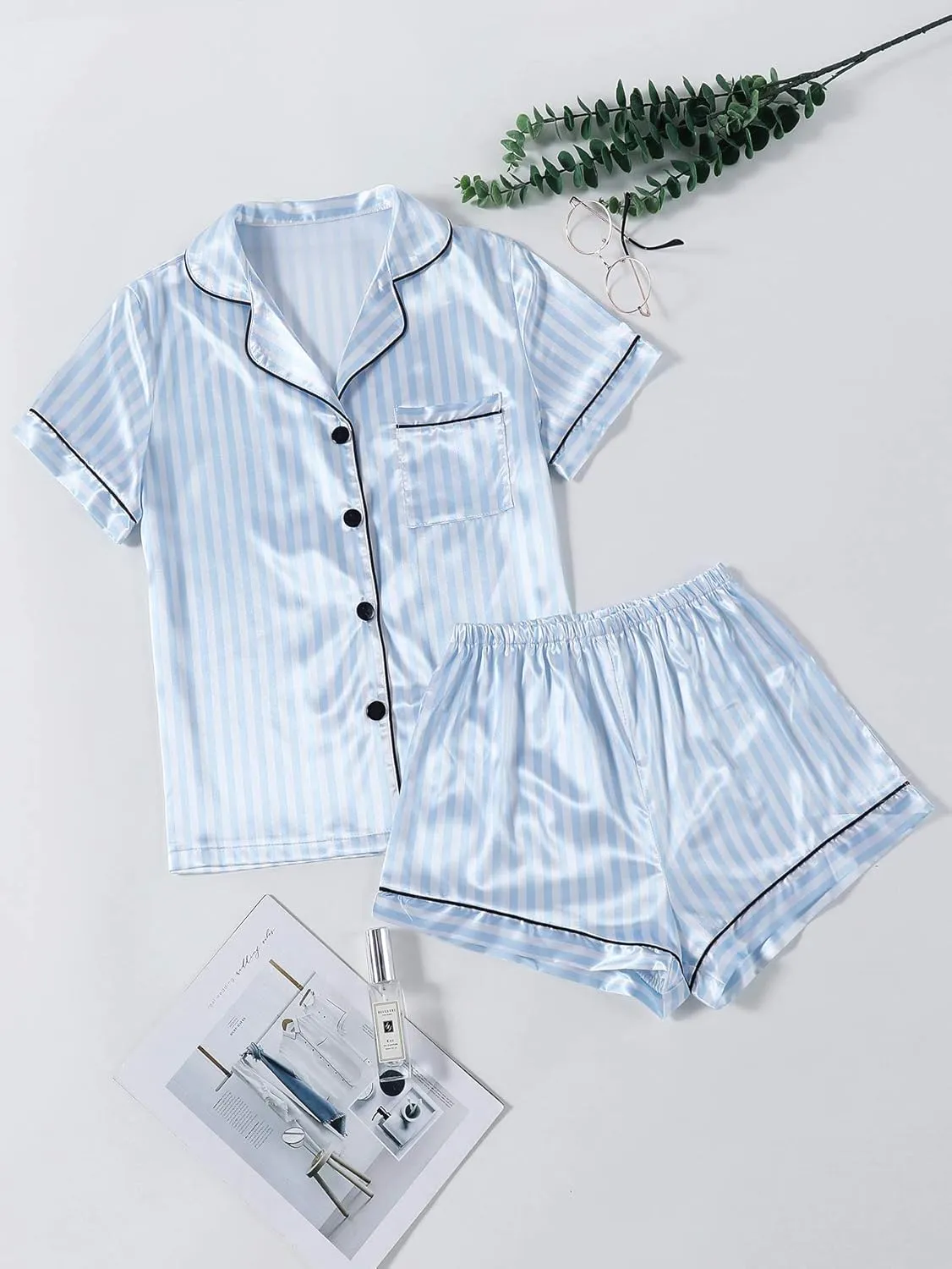 LYANER Women's Striped Silky Satin Pajamas Short Sleeve Top with Shorts Sleepwear PJ Set