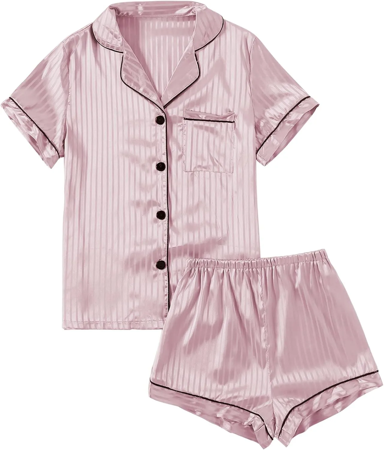 LYANER Women's Striped Silky Satin Pajamas Short Sleeve Top with Shorts Sleepwear PJ Set