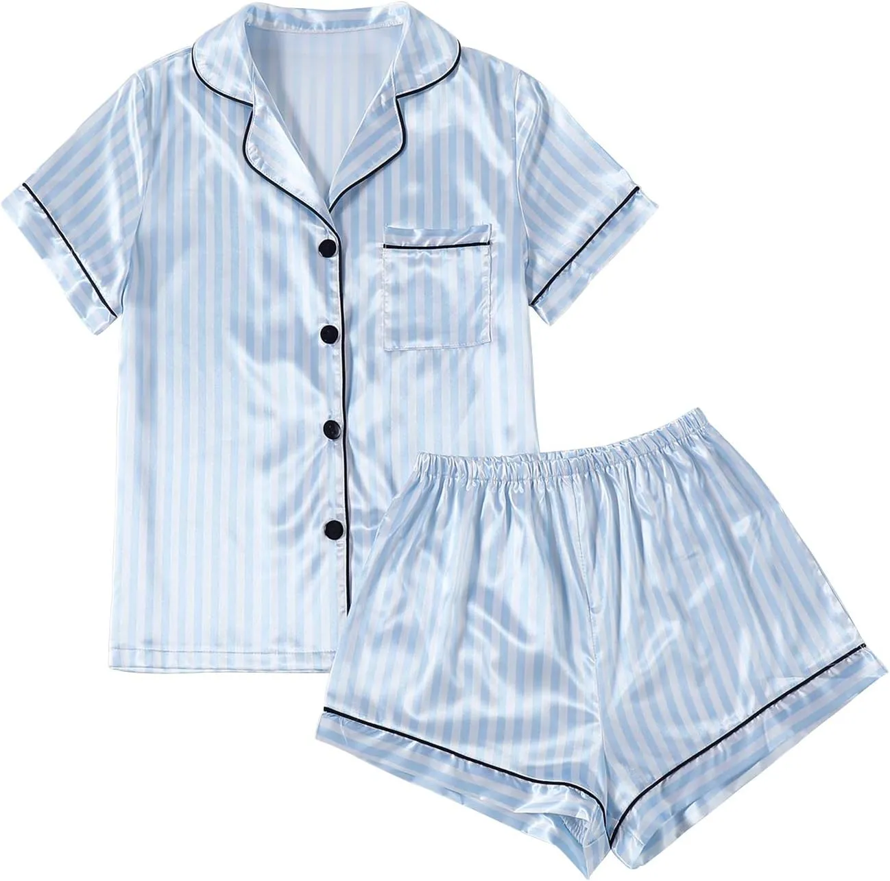 LYANER Women's Striped Silky Satin Pajamas Short Sleeve Top with Shorts Sleepwear PJ Set