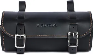 M RUFOUS Genuine Leather Under Seat Handlebar Bicycle Bag - Black, Premium Handcrafted Bicycle Bag with Brass Buckle, Leather Bag for Cell Phone (Free Waterproof Cover)