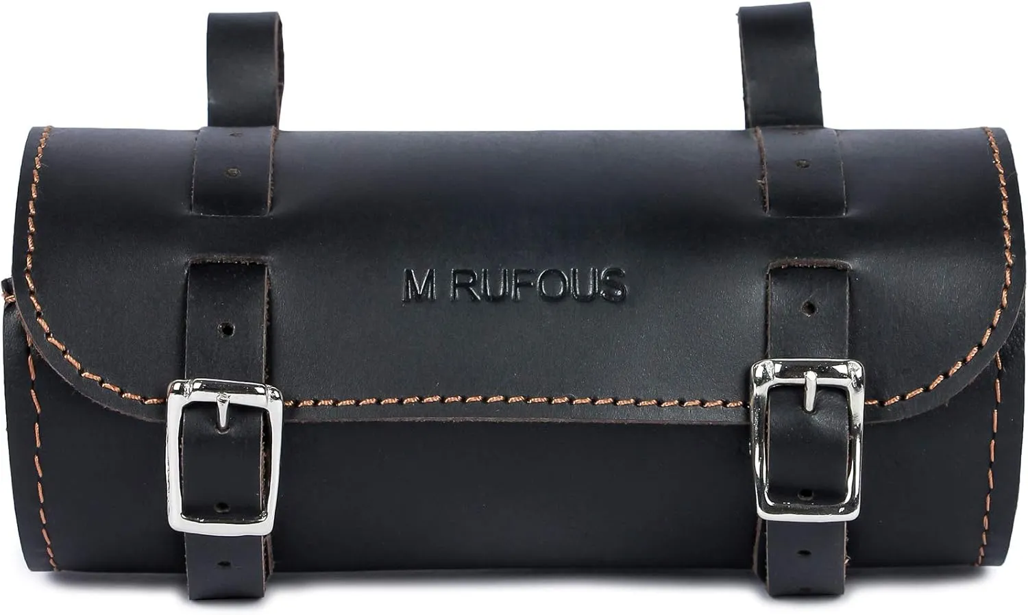 M RUFOUS Genuine Leather Under Seat Handlebar Bicycle Bag - Black, Premium Handcrafted Bicycle Bag with Brass Buckle, Leather Bag for Cell Phone (Free Waterproof Cover)