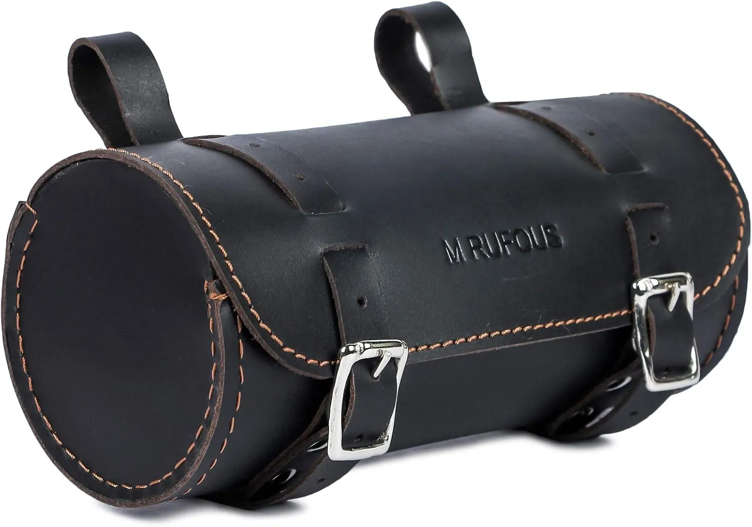 M RUFOUS Genuine Leather Under Seat Handlebar Bicycle Bag - Black, Premium Handcrafted Bicycle Bag with Brass Buckle, Leather Bag for Cell Phone (Free Waterproof Cover)