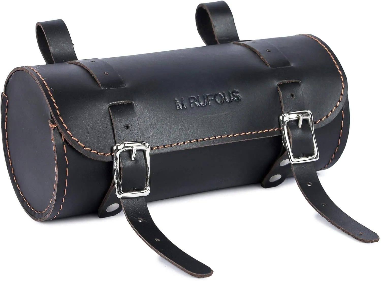 M RUFOUS Genuine Leather Under Seat Handlebar Bicycle Bag - Black, Premium Handcrafted Bicycle Bag with Brass Buckle, Leather Bag for Cell Phone (Free Waterproof Cover)