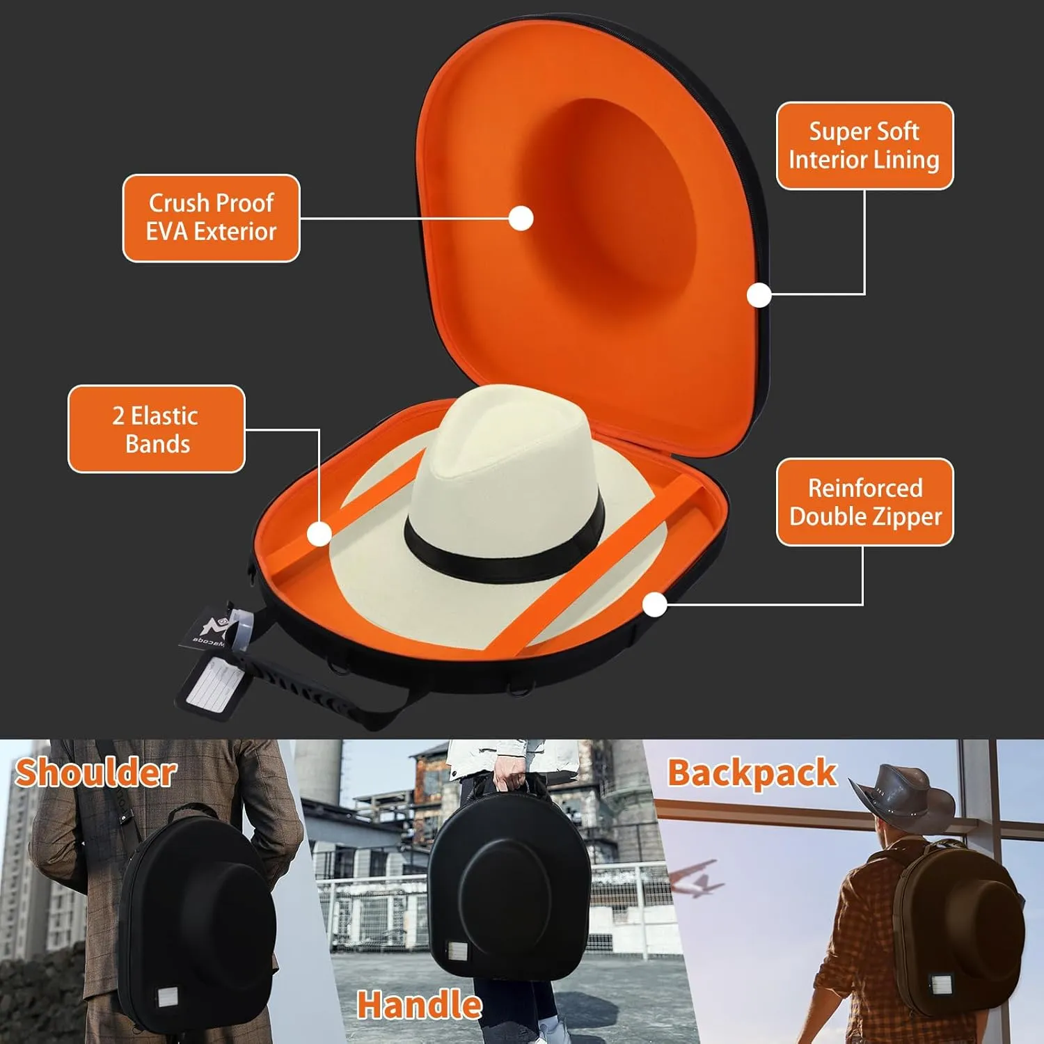 Macoda Hat Holder for Travel – Travel Hat Case with Tablet Pocket, Hat Box Travel, Carrier Case for Travel Protects up to 2-Equipped with a Carrying Handle, Shoulder & Luggage Strap (Orange)