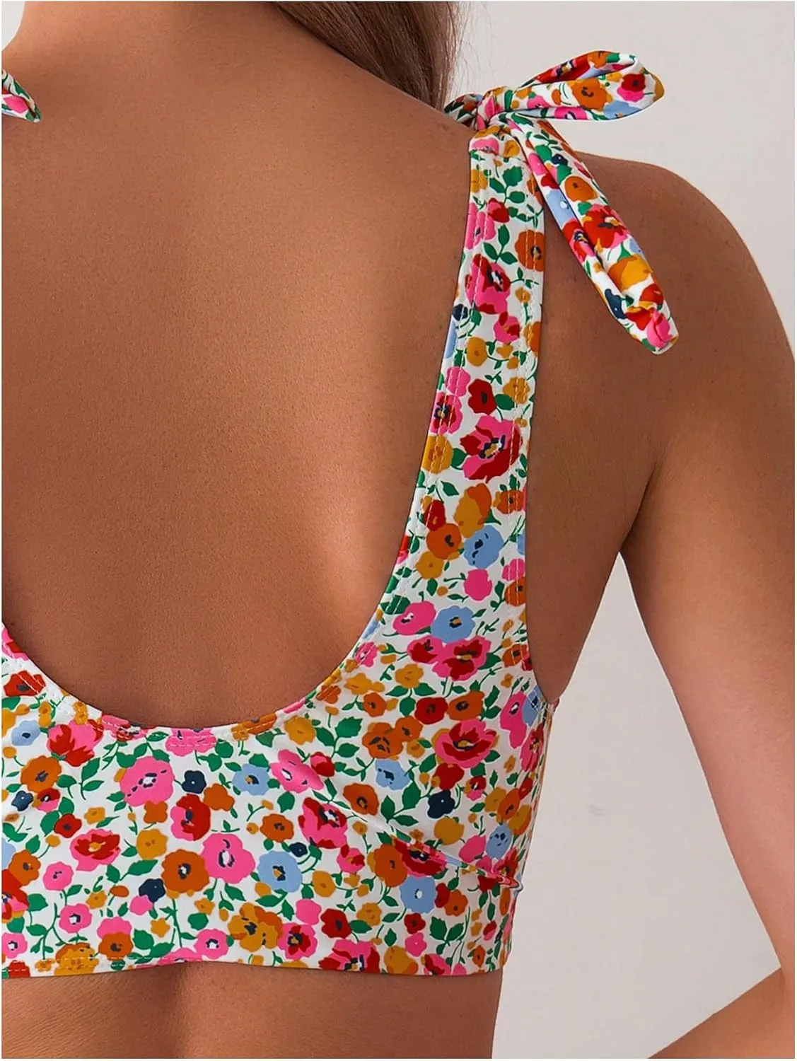 MakeMeChic Women's 2 Piece Floral Bikini Set V Neck Tie Shoulder Drawstring High Waist Swimsuits