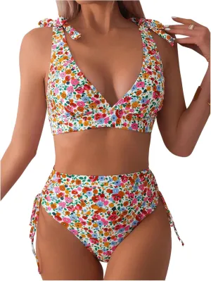 MakeMeChic Women's 2 Piece Floral Bikini Set V Neck Tie Shoulder Drawstring High Waist Swimsuits