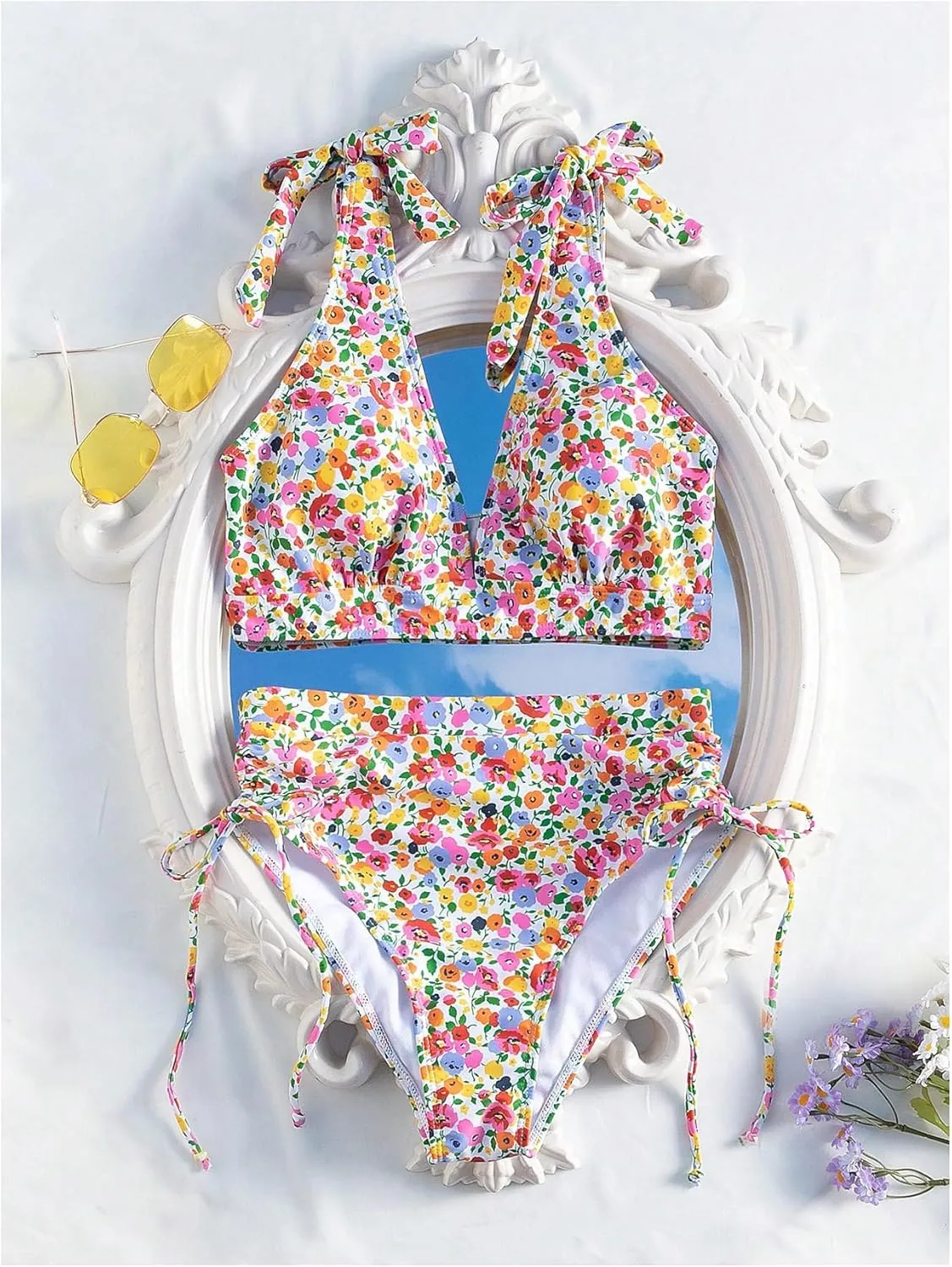 MakeMeChic Women's 2 Piece Floral Bikini Set V Neck Tie Shoulder Drawstring High Waist Swimsuits