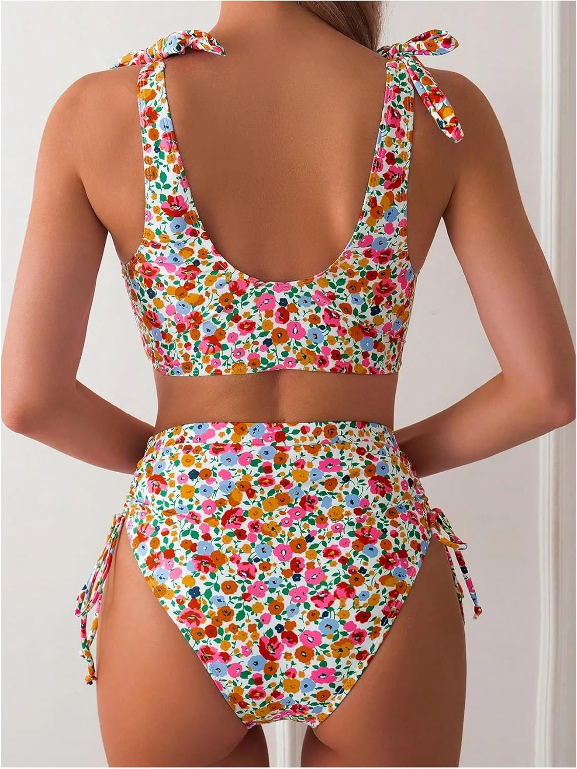 MakeMeChic Women's 2 Piece Floral Bikini Set V Neck Tie Shoulder Drawstring High Waist Swimsuits