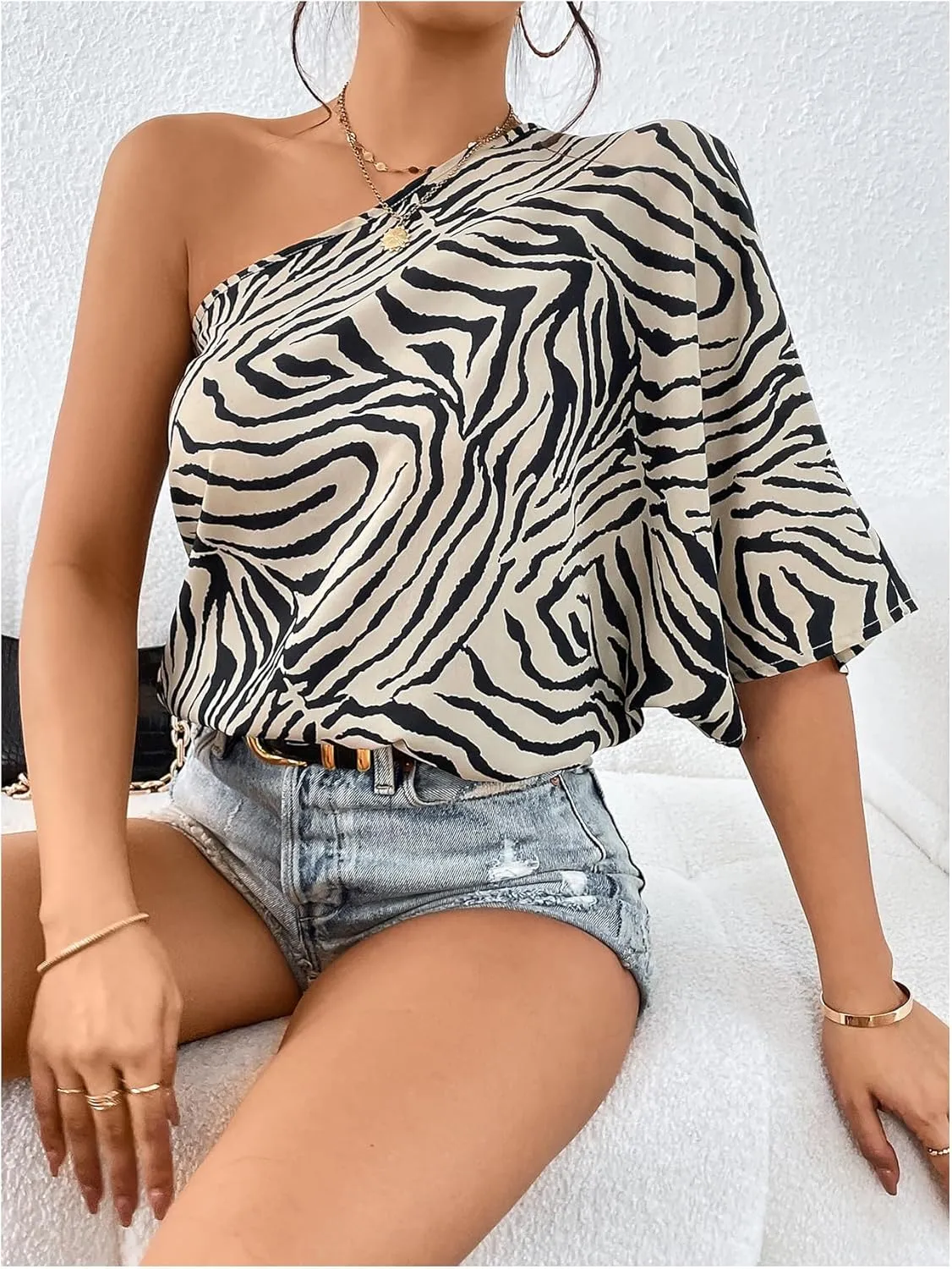 MakeMeChic Women's One Shoulder Blouse Zebra Striped Half Sleeve Asymmetrical Summer Dressy Top