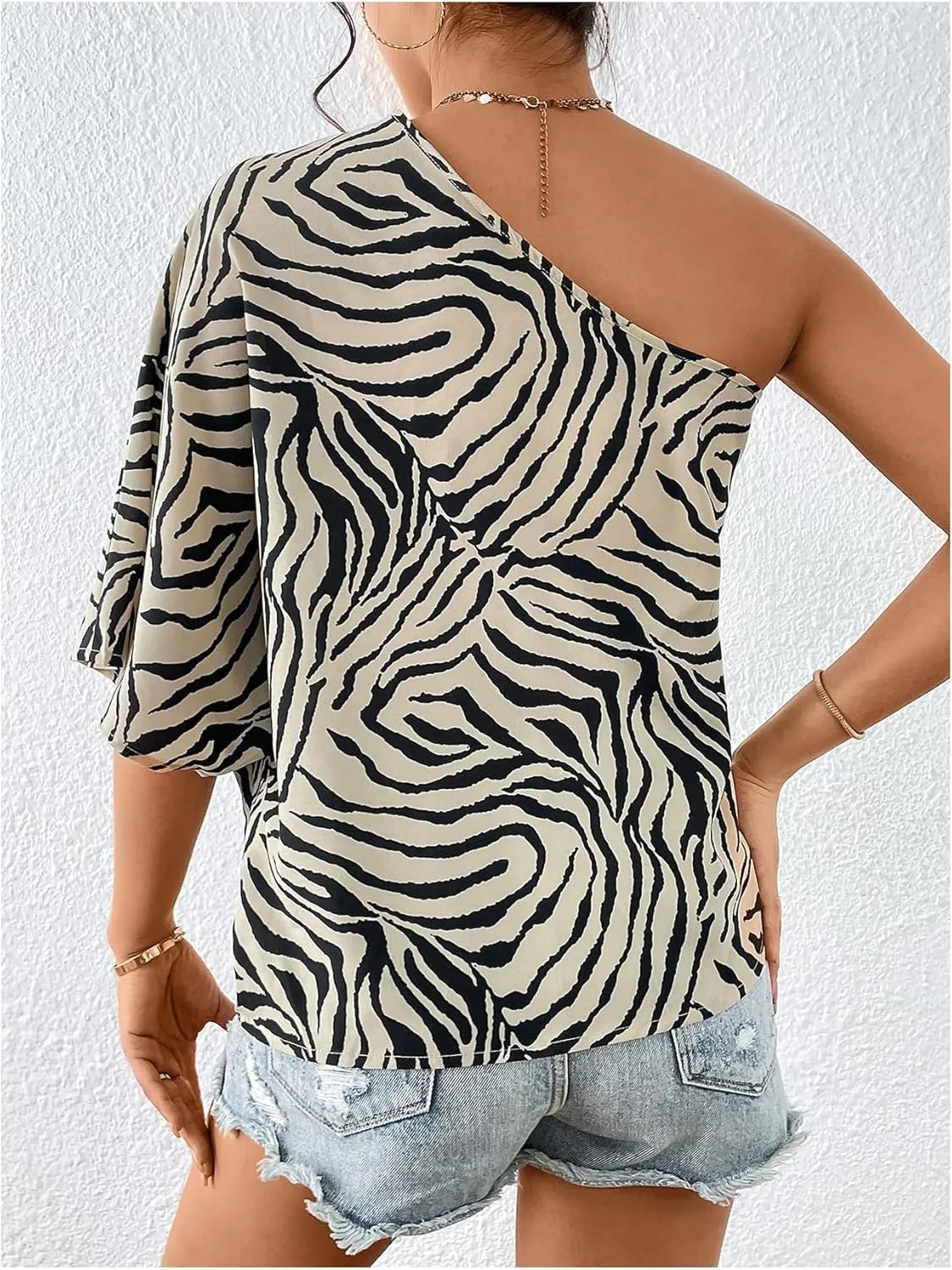 MakeMeChic Women's One Shoulder Blouse Zebra Striped Half Sleeve Asymmetrical Summer Dressy Top