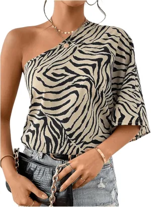 MakeMeChic Women's One Shoulder Blouse Zebra Striped Half Sleeve Asymmetrical Summer Dressy Top
