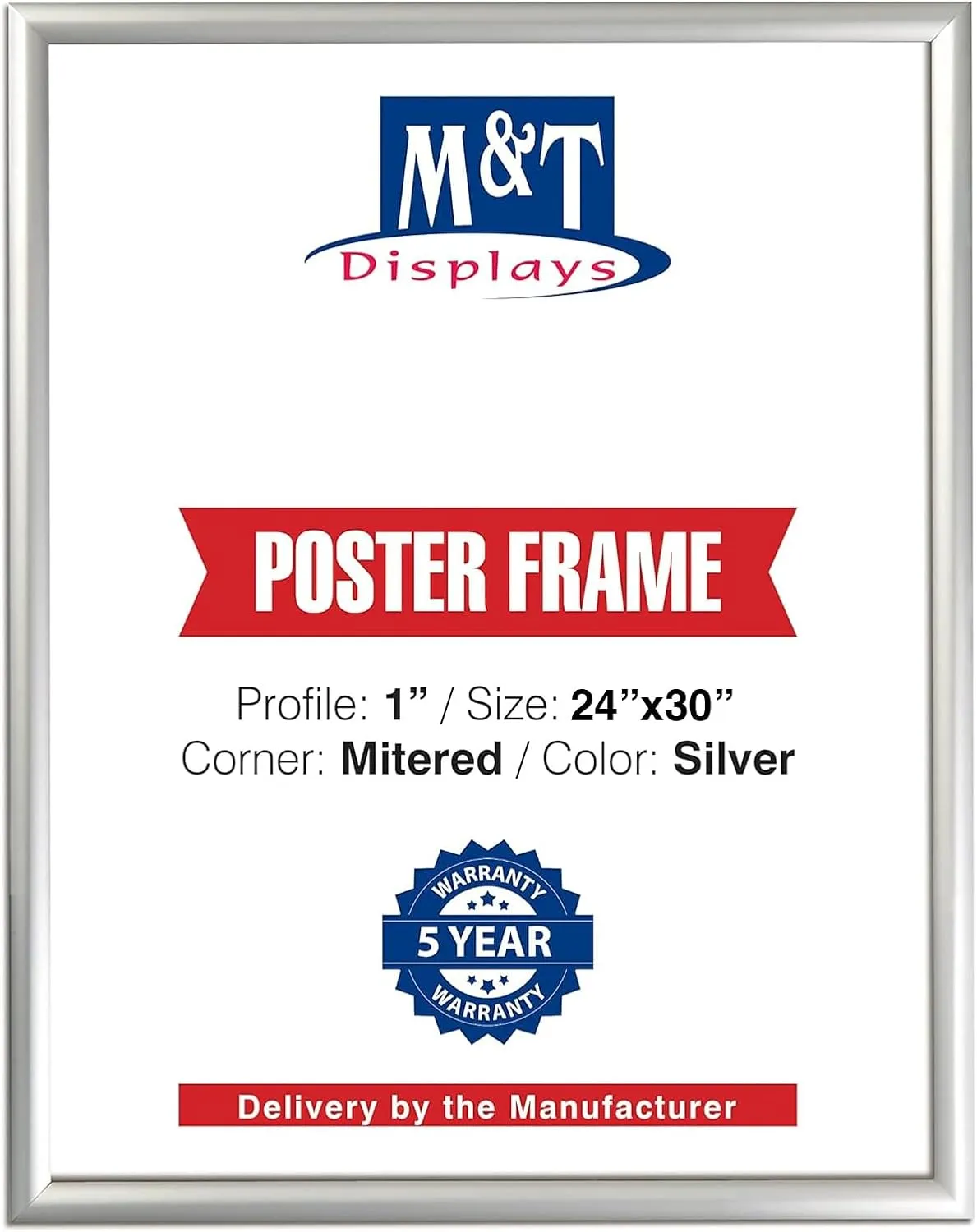 M&T Displays Snap Poster Frame 24x30 Inch Silver 1" Aluminum Profile Front Loading Wall Mounting Photo Picture Document Certificate Sign Holder Mitered Corner Anti Glare Cover